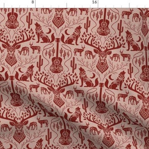 Midwest Fabric - Southwest Damask (Red) By Allieleigh - Deer Cactus Coyote Guitar Lasso Cowboy Cotton Fabric By The Yard With Spoonflower