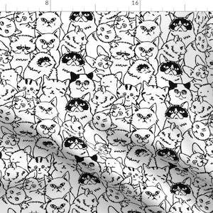 Black And White Cats Illustration Fabric - Oh Cats By Huebucket - White Kitten Design Animals Cotton Fabric By The Yard With Spoonflower
