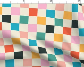 Retro Checkerboard Fabric - Bright Mid-century Check by stephaniewest - Pink Orange Modern Multicolor Fabric by the Yard by Spoonflower