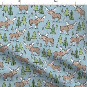 Moose Fabric - Forest Woodland Moose Trees On Blue By Caja Design - Moose Woodland Baby Nursery Cotton Fabric By The Yard With Spoonflower
