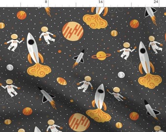 Rocketship Fabric - Orange And Grey Space Walk By Latheandquill - Rocketship Space Astronaut Star Cotton Fabric By The Yard With Spoonflower
