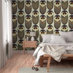 Forest Owls Peel and Stick Wallpaper - Art Deco Earth Tones Nursery Childrens Novelty Library - Removable Wall Decor Art - Owls by nickleen image 5