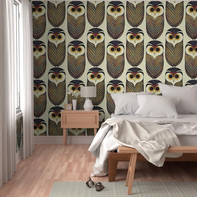Forest Owls Peel and Stick Wallpaper - Art Deco Earth Tones Nursery Childrens Novelty Library - Removable Wall Decor Art - Owls by nickleen image 5