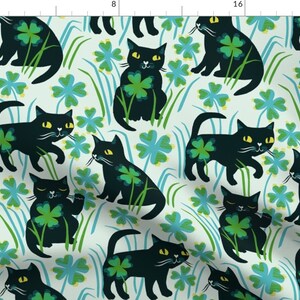 Cat Fabric - Lucky Black Cats In Four Leaf Clover By Asta Barrington - Black Green Talisman Irish Cotton Fabric By The Yard With Spoonflower