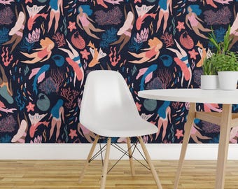 Swimming Wallpaper - Almost Mermaid In Dark By Lidiebug - Water Ocean Custom Printed Removable Self Adhesive Wallpaper Roll by Spoonflower