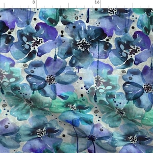 Teal Watercolor Floral Fabric - Teal Blue Anemones By Karismithdesigns - Teal Blue Flowers Floral Cotton Fabric By The Yard With Spoonflower
