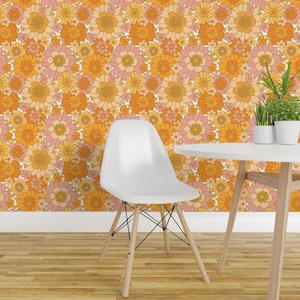1970s Floral Peel and Stick Wallpaper - Orange Vintage Boho - Removable Wall Decor Art - Avery Retro Floral On White by red_raspberry_design