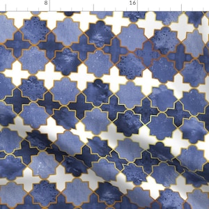 Geometrics Fabric - Moroccan Tiles Inspiration Blue Golden Lines By Selmacardoso - Geometric Blue Cotton Fabric By The Yard With Spoonflower