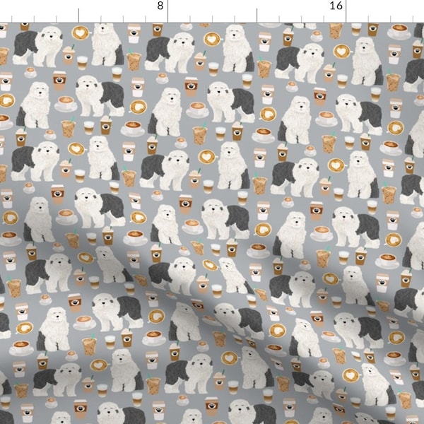 Old English Sheepdogs + Coffee Fabric - Old English Sheepdog Coffees Dog Fabrics By Petfriendly - Cotton Fabric By The Yard With Spoonflower