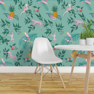 Green Jungle Peel and Stick Wallpaper - Monkey Toucan Leopard Teal Nature Whimsical - Removable Wall Decor Art - Jungle Toile by vivdesign