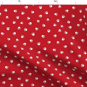 Paw Prints On Red Fabric - Fire Red Paw Prints Dogs Fabric By Petfriendly - Paw Prints Red White Cotton Fabric By The Yard With Spoonflower