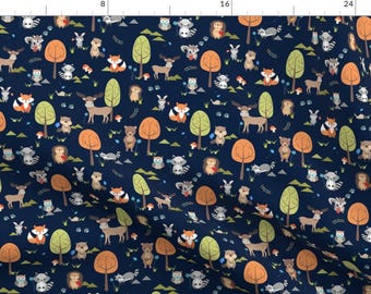Woodland Animals Fabric - Cute Woodland Animals On Navy Small By Gingerlous - Baby Animal Nursery Cotton Fabric by the Yard with Spoonflower