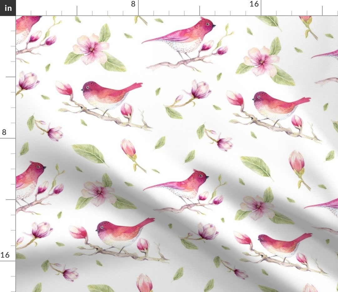 Watercolor Birds and Flowers Fabric Magnolia Bird by Etsy