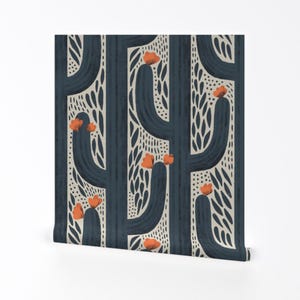 « Papier peint amovible Cactus bleu - Dessin au trait Western Cactus abstrait orange - Art mural déco murale - Wyatt Navy » par amy_maccready