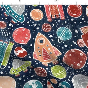 Rocket Ship Fabric - Intergalactic Exploration // Large By Ramarama - Space Galaxy Kids Planets Cotton Fabric By The Yard With Spoonflower