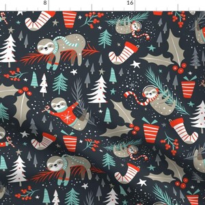Christmas Sloth Fabric - Slothy Holidays - Coal Black By Heatherdutton - Sloth Lazy Xmas Cotton Fabric By The Yard With Spoonflower