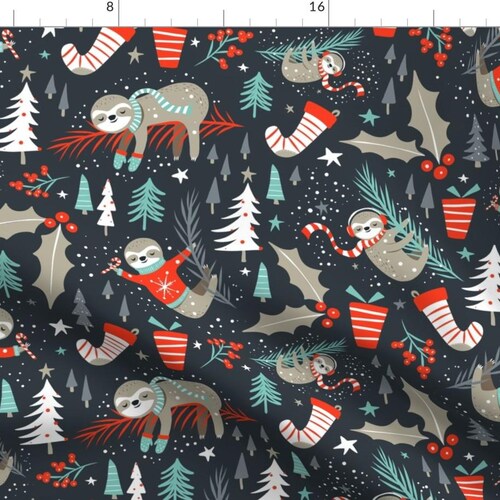 Christmas Sloth Fabric - Slothy Holidays - Coal Black By Heatherdutton - Sloth Lazy Xmas Cotton Fabric By The Yard With Spoonflower