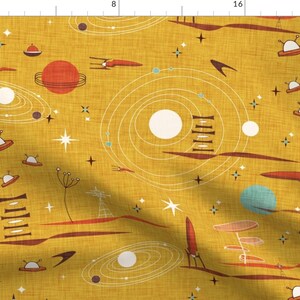 Mid Century Galaxy Fabric - Intergalactic Adventures Yellow By Bruxamagica - Vintage Planets Cotton Fabric By The Yard With Spoonflower