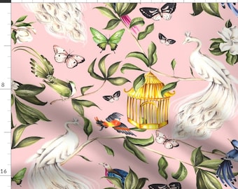 Chinoiserie Fabric - Peacock Chinoiserie Pink by atelierdorina -  Maximalist Peacock Botanical Birdcage Fabric by the Yard by Spoonflower