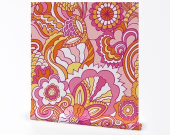Retro Pink Removable Peel and Stick Wallpaper -  Floral Psychedelic Flower - Wall Art Wall Decor - '60's Groovy Flowers by gartmanstudio