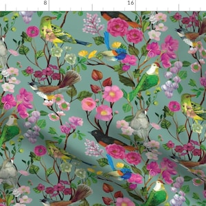 Birds Fabric - Birds And Blooms Chinoiserie {Duck Egg} By Ceciliamok - Bird Floral Pink Turquoise Cotton Fabric By The Yard With Spoonflower