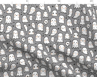 Kawaii Ghosts Fabric - Ghosts And Stars Halloween On Grey By Caja Design - Cute Goth Spooky Ghost Cotton Fabric By The Yard With Spoonflower