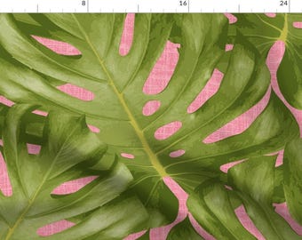 Pink and Green Leaf Fabric - Monstera Leaf Pink And Green By Littlerhodydesign - Botanical Leaf Cotton Fabric By The Yard With Spoonflower