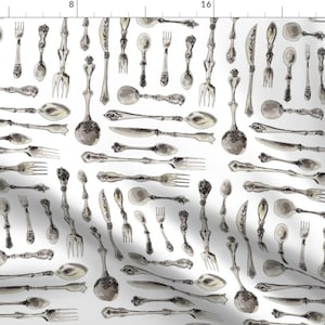 Watercolor Cutlery Fabric - Polished Kitchen By Hikomari - Vintage Watercolor Silverwear Cotton Fabric By The Yard With Spoonflower