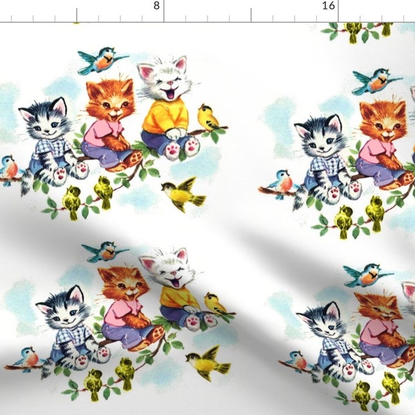 Cat Fabric - Vintage Retro Kitsch Kittens Birds Sky Trees Leaves Kids Fairy Tales By Raveneve - Cotton Fabric By The Yard With Spoonflower