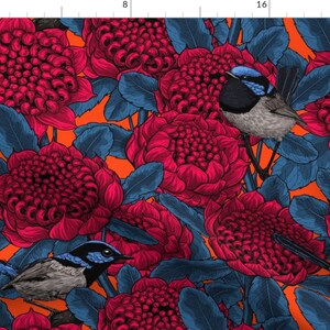 Waratah Floral Illustration Fabric - Red Waratah And Fairy Wrens By Katerina Kirilova - Waratah Cotton Fabric By The Yard With Spoonflower