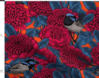 Waratah Floral Illustration Fabric - Red Waratah And Fairy Wrens By Katerina Kirilova - Waratah Cotton Fabric By The Yard With Spoonflower
