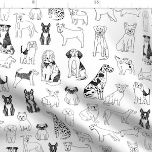 Puede incluir: Un patrón sin costuras en blanco y negro con diferentes razas de perros en diferentes poses. Los perros están dibujados de forma simple y estilizada y están dispuestos en un patrón aleatorio.