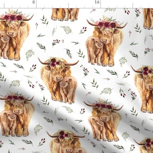 Highland Cow Brown Floral Fabric - Highland Cows With Leaves And Maroon Floral By Karolina Papiez - Highland Cow Fabric With Spoonflower