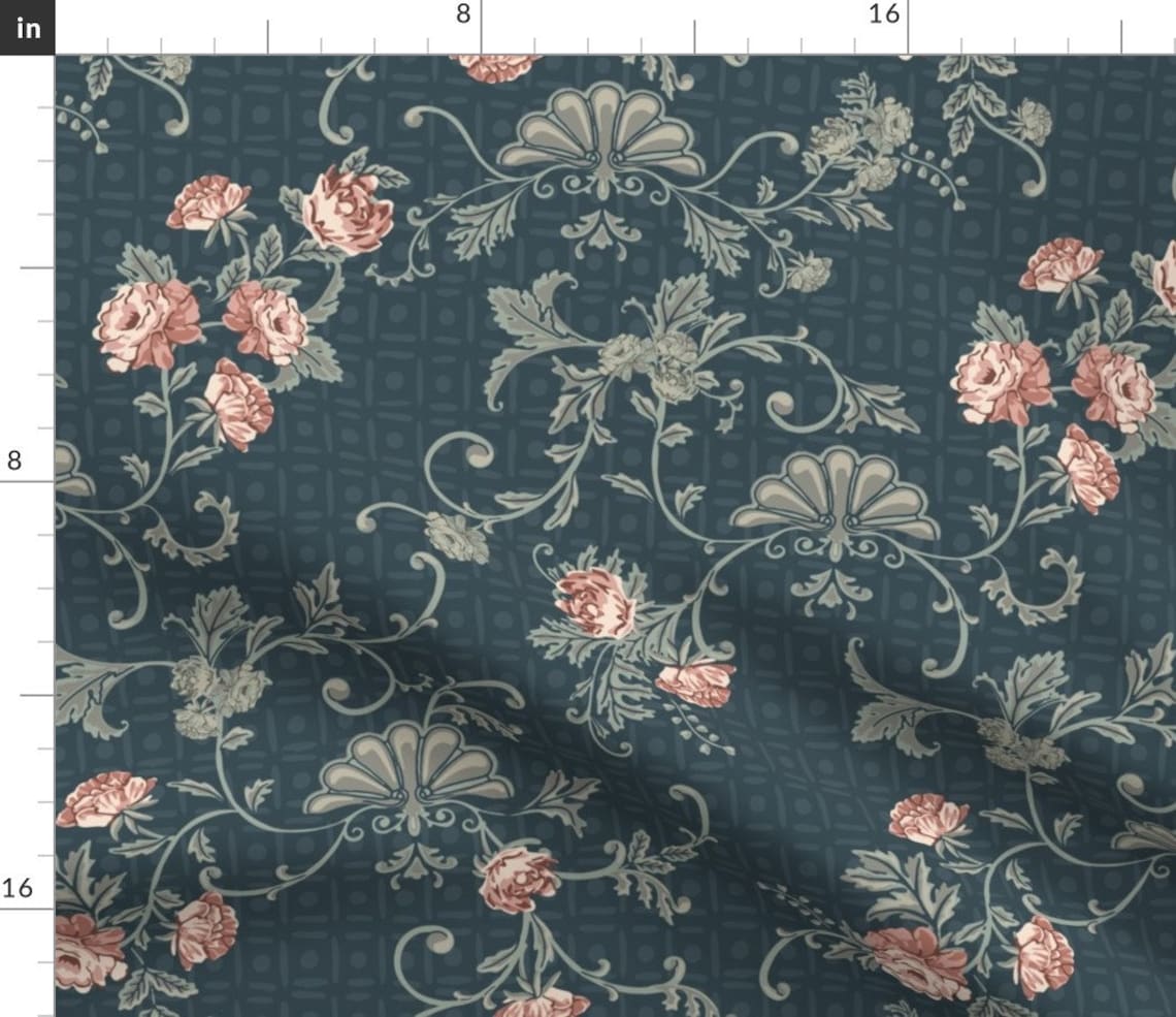 Rococo Fabric Rococo Roses Medium Blue By Fernlesliestudio Etsy