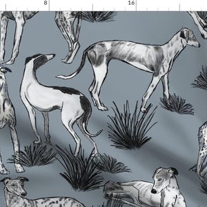 Grey Fabric - Greyhounds by michellemathis -  Dog White Animal Puppy Love Hand Drawn Greyhound Toile Fabric by the Yard by Spoonflower
