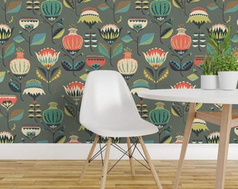 Floral Wallpaper - Pysankyfloral { Olive } By Mint Tulips - Folk Green Custom Printed Removable Self Adhesive Wallpaper Roll by Spoonflower