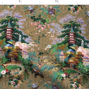 May include: A vintage wallpaper design featuring a repeating pattern of a Japanese garden scene with pagodas, trees, flowers, and a winding path. The background is a muted gold colour.
