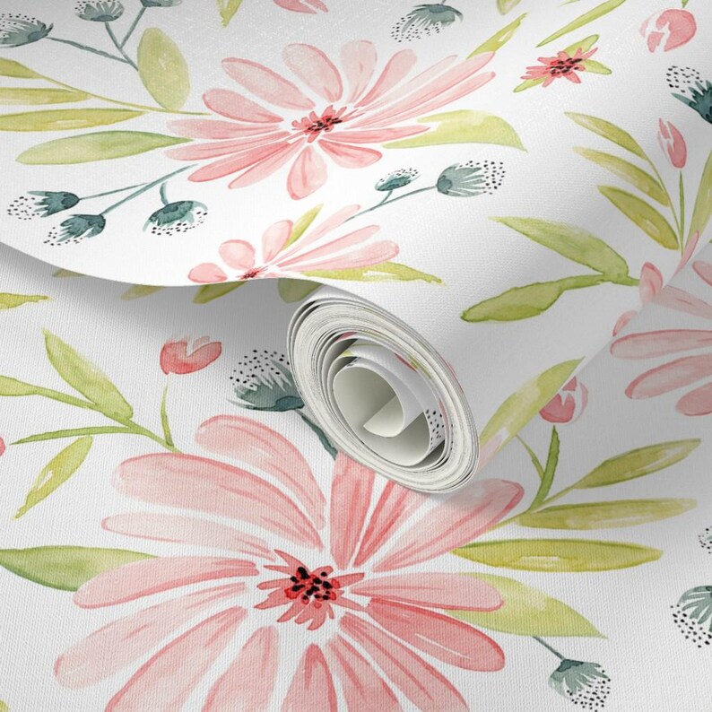 Floral Wallpaper - Amelia - Watercolor Floral Pink By Heatherdutton - Custom Printed Removable Self Adhesive Wallpaper Roll by Spoonflower image 3