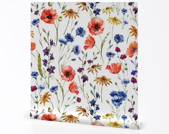 Papier peint coquelicot - 24 x 24 fleurs sauvages par Mattieanne - rouleau de papier peint auto-adhésif amovible imprimé pavot rouge bleu par Spoonflower