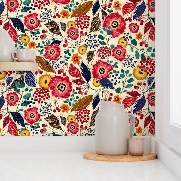 Botanical Block Print Wallpaper - Botanical Block Print By Sarah Treu - Custom Printed Removable Self Adhesive Wallpaper Roll by Spoonflower