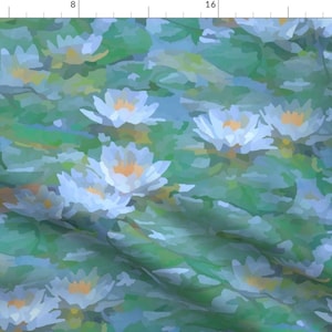 Impressionist Fabric - Misty Victorian Lotus by yogiyarntailandme - Lily Pad Green Periwinkle Fabric by the Yard by Spoonflower