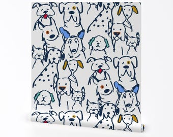 Whimsical Dogs Removable Peel and Stick Wallpaper - Dog Doodle Colorful - Wall Art Wall Decor - Navy Color Pop Dogs by shellyreneedesigns