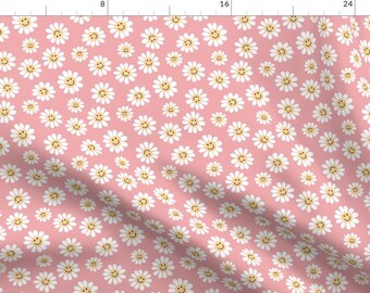 Whimsical Fabric - Smiley Daisy On Pink by hey_cute_design - Daisy Retro Floral Smile Happy Daisies 1970s Fabric by the Yard by Spoonflower