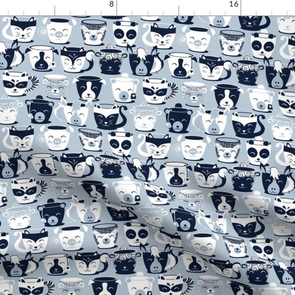 Tea Time Fabric - Cuddly Tea Time By Selmacardoso - Navy White Pastel Blue Grey Animal Mugs Cozy Cotton Fabric By The Yard With Spoonflower