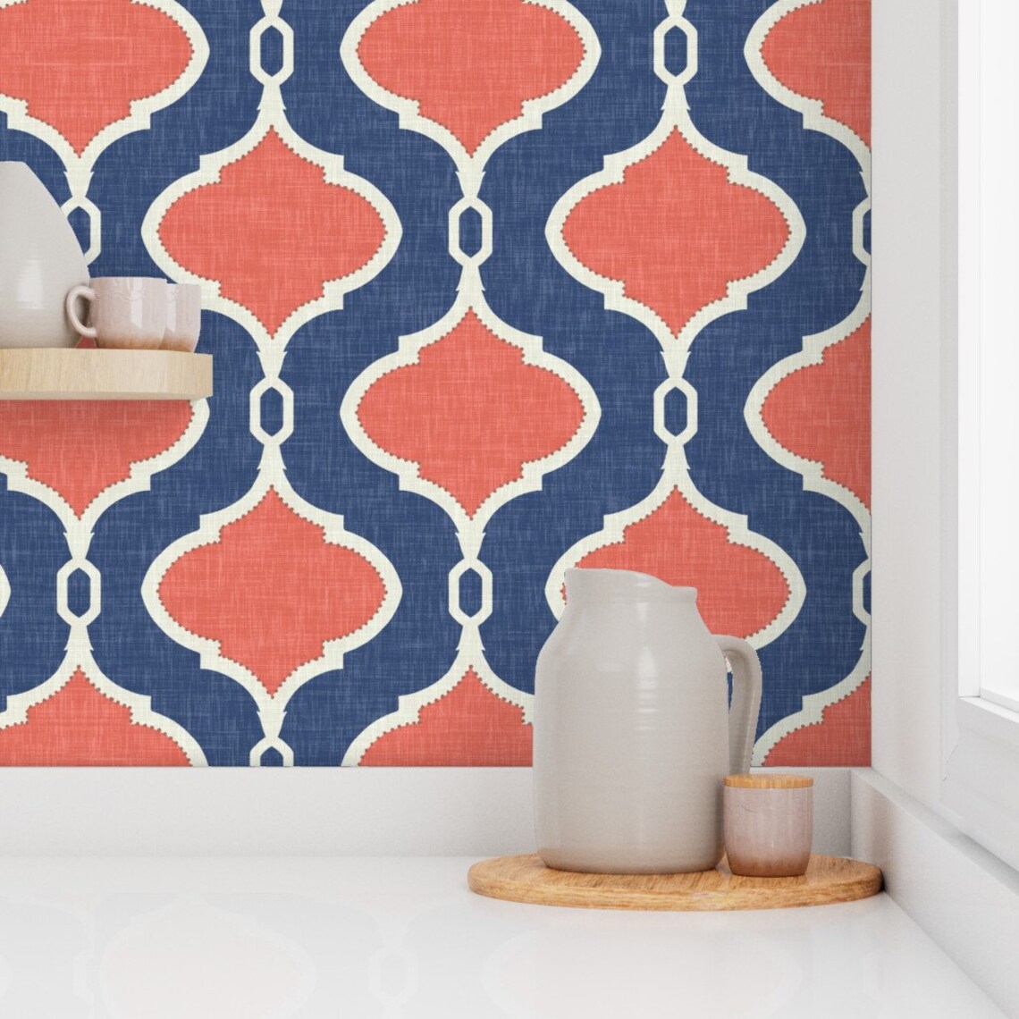 Quatrefoil Wallpaper Navy and Coral Linen by Etsy