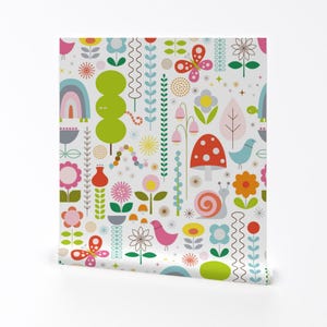 May include: A white background with a repeating pattern of colorful flowers, butterflies, mushrooms, snails, birds, and trees. The pattern is in a retro style.