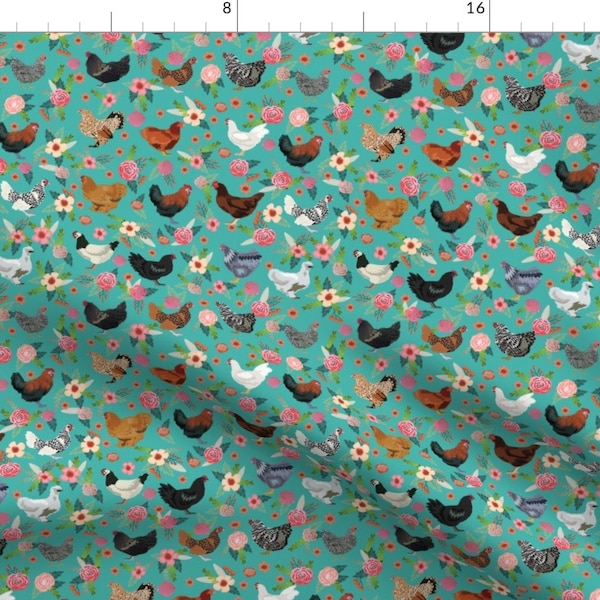 Chicken Breeds Fabric - Floral Chicks By Petfriendly - Teal Pink Rustic Shabby Chic Farmhouse Hen Cotton Fabric By The Yard With Spoonflower