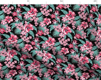 Hibiscus Fabric - Hibiscus Black By 50s Vintage Dame- Tropical Hawaiian Floral Apparel Upholstery Cotton Fabric By The Yard With Spoonflower