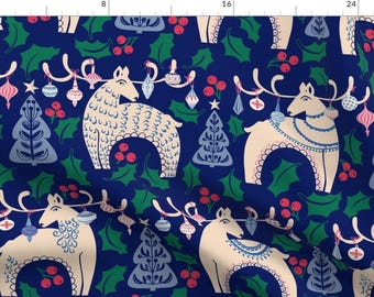 Christmas Apparel Fabric - Nordic Woodland Deer Blue by design_dannick - Holiday Scandi Ornaments Retro Holly Clothing Fabric by Spoonflower