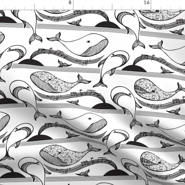 Musical Whales Fabric - Musical Whales By Havemorecake - Musical Whales Black White Notes Piano Cotton Fabric By The Yard With Spoonflower